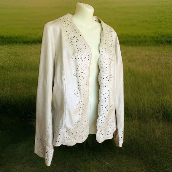 C Concept Laser Cut Leather Jacket Size 14 Vintage Boho Western Tan Beige Gold - Picture 2 of 16